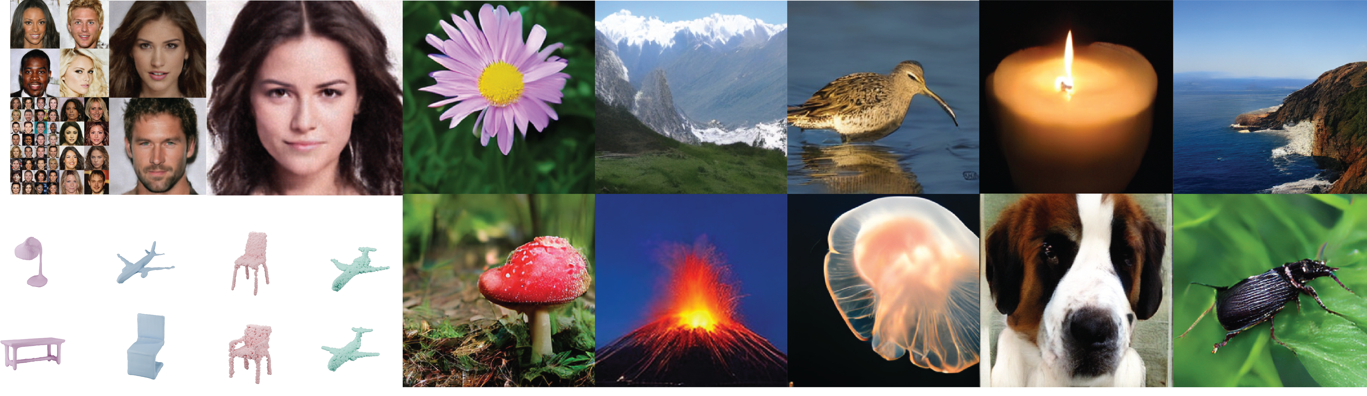 Euler Mean Flow one-step generation results across images and 3D tasks