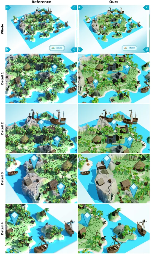 Island harbor. Reference and our reconstruction.